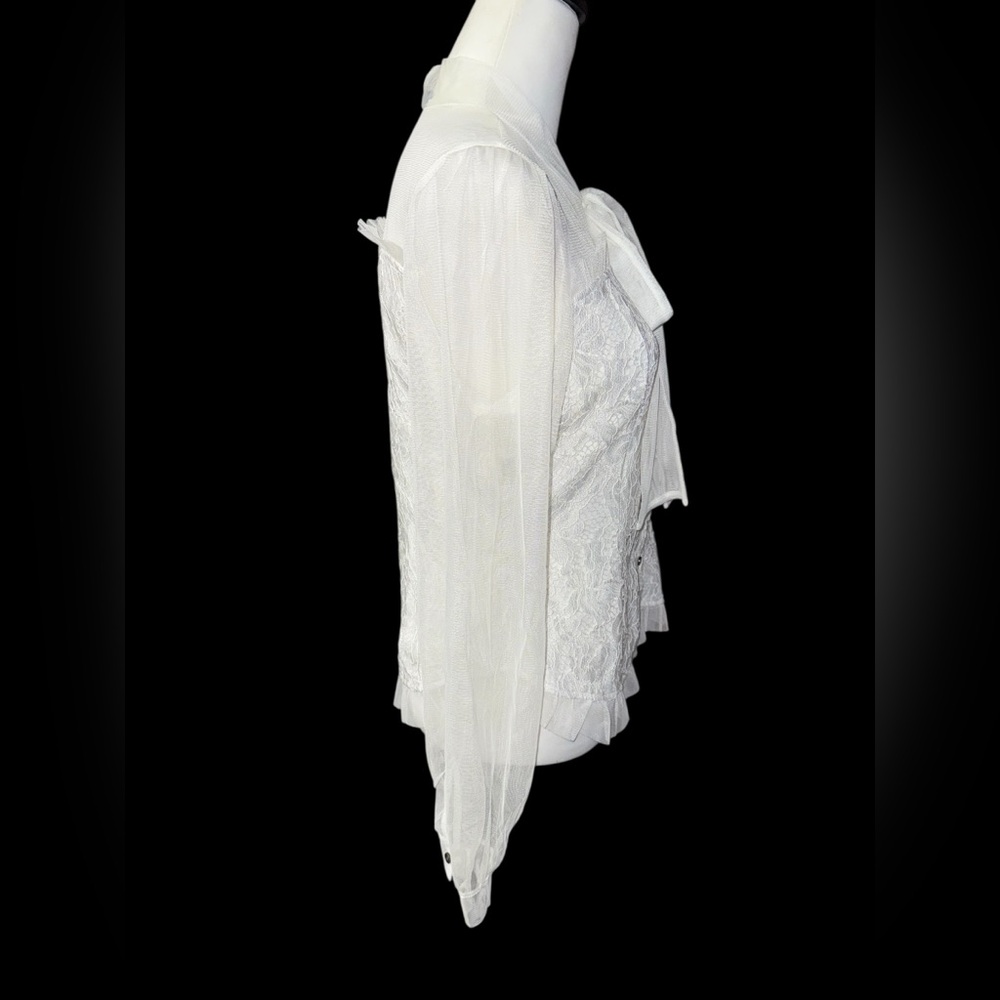 Impulsive white lace blouse with a bow collar and sheer sleeves sz Large - Picture 7 of 10